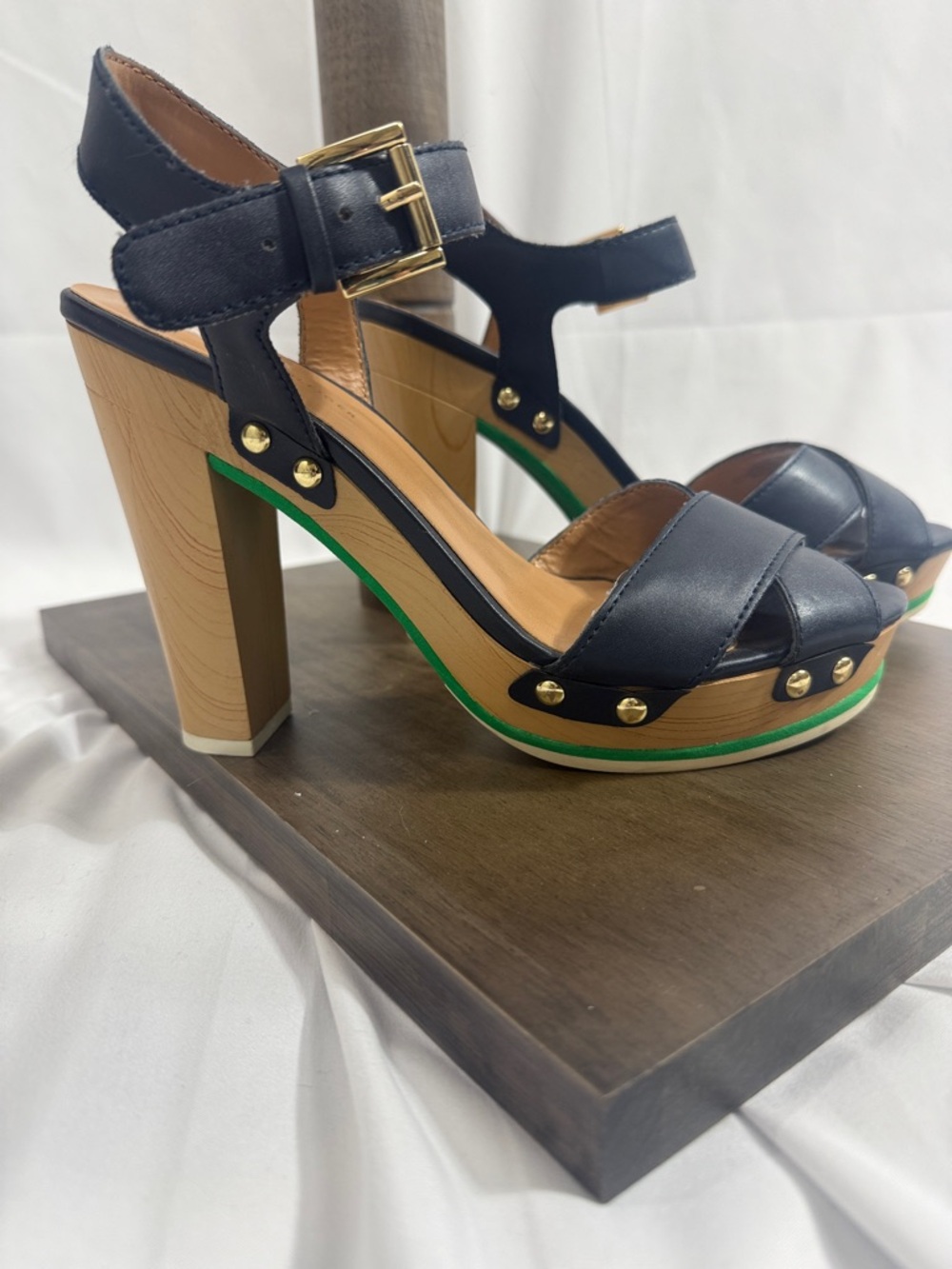 Tommy Hilfiger navy blue Leather Platform Sandals with Gold Studs